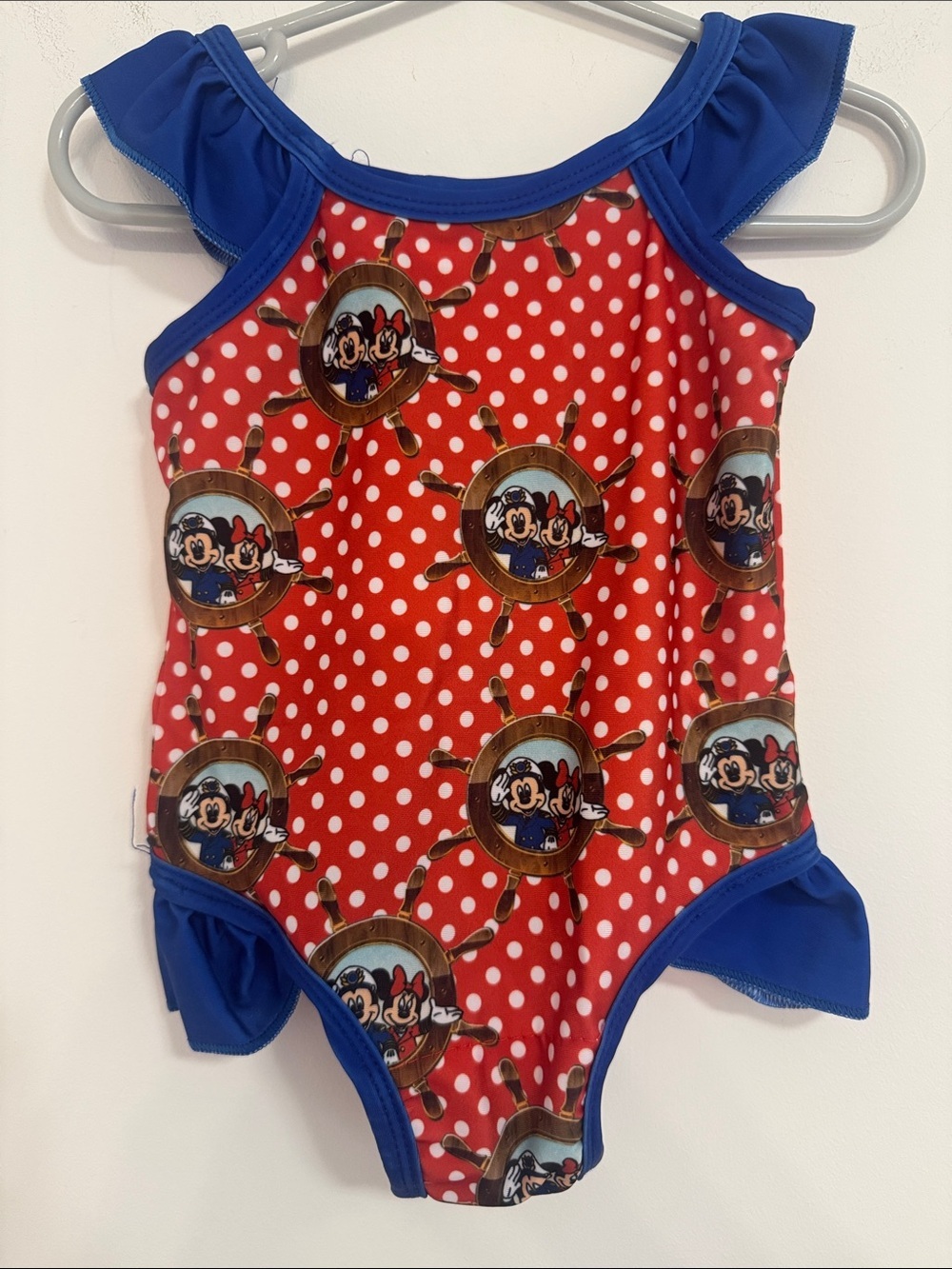 Disney Red Polka Dot One-Piece Crusie Themed Nautical Swimsuit with Blue Trim